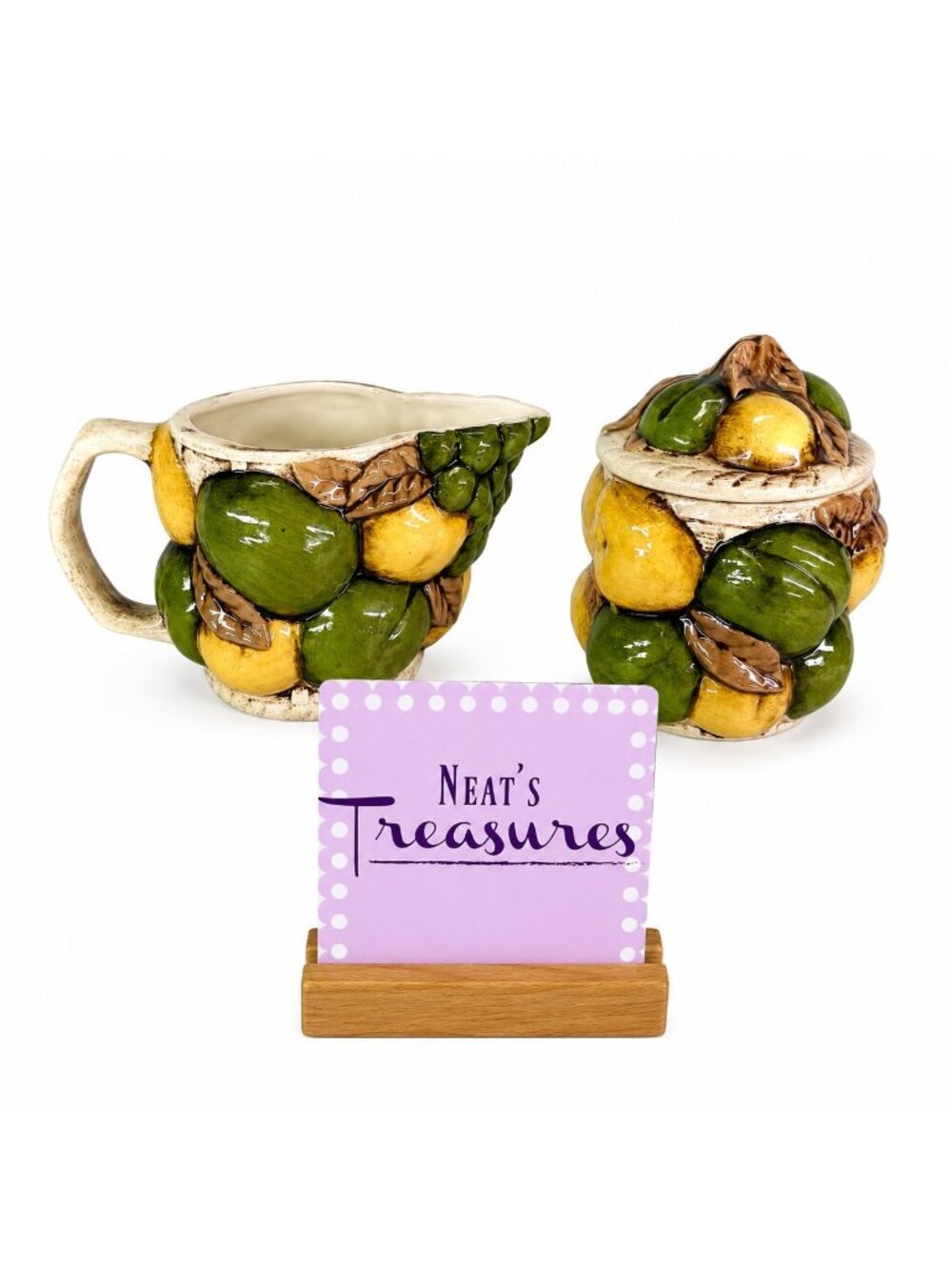 1972 Signed MAJLICA FRUIT Pears Grapes Ceramic Lidded Sugar Bowl & Creamer Set